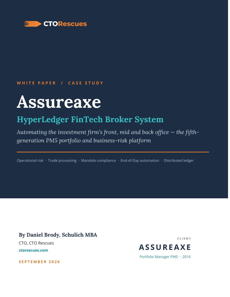 Cover of the Assureaxe case study, HyperLedger FinTech broker system and fifth-generation PM5 portfolio platform