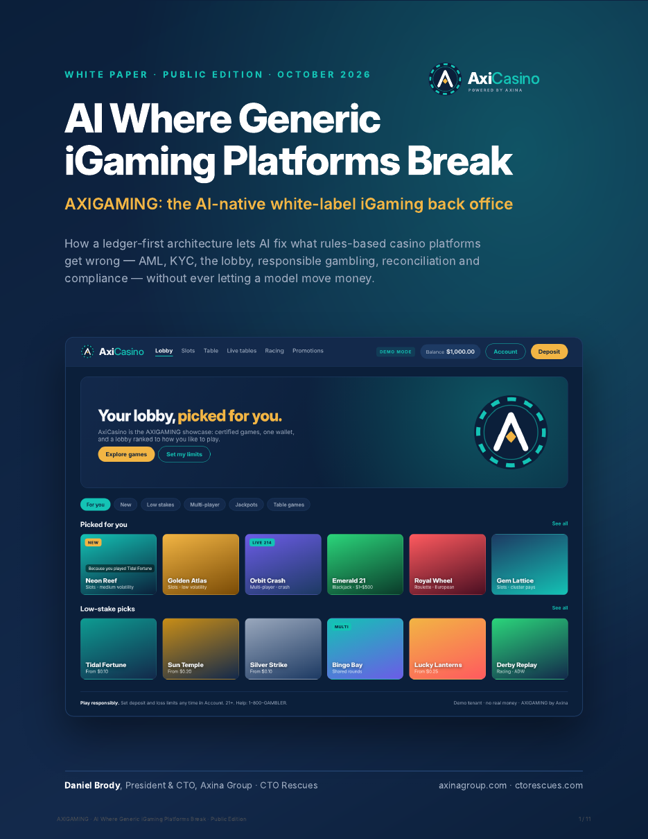 Cover of the AXIGAMING white paper, AI Where Generic iGaming Platforms Break, showing the AxiCasino demo lobby