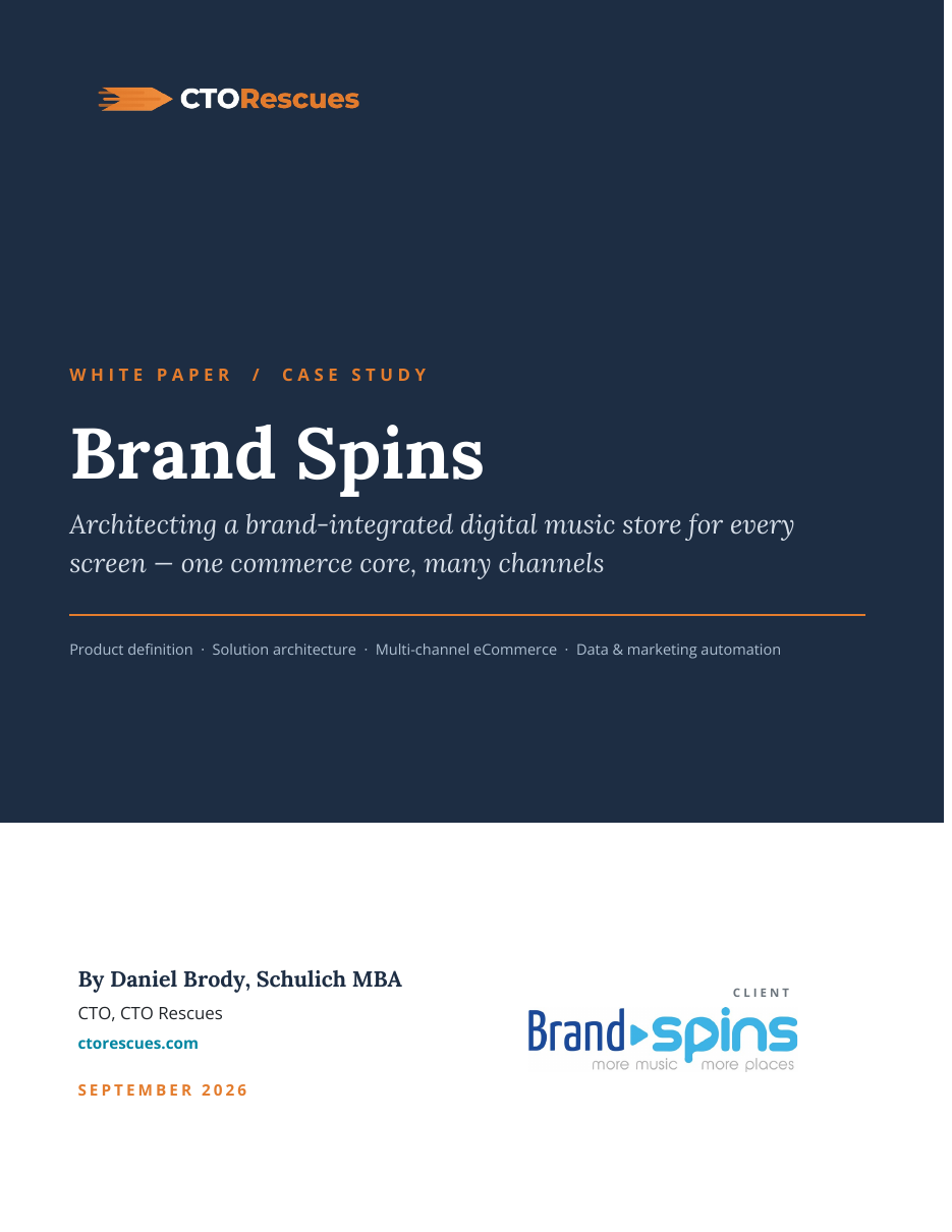Cover of the BrandSpins case study, a brand-integrated digital music store with one commerce core and many channels
