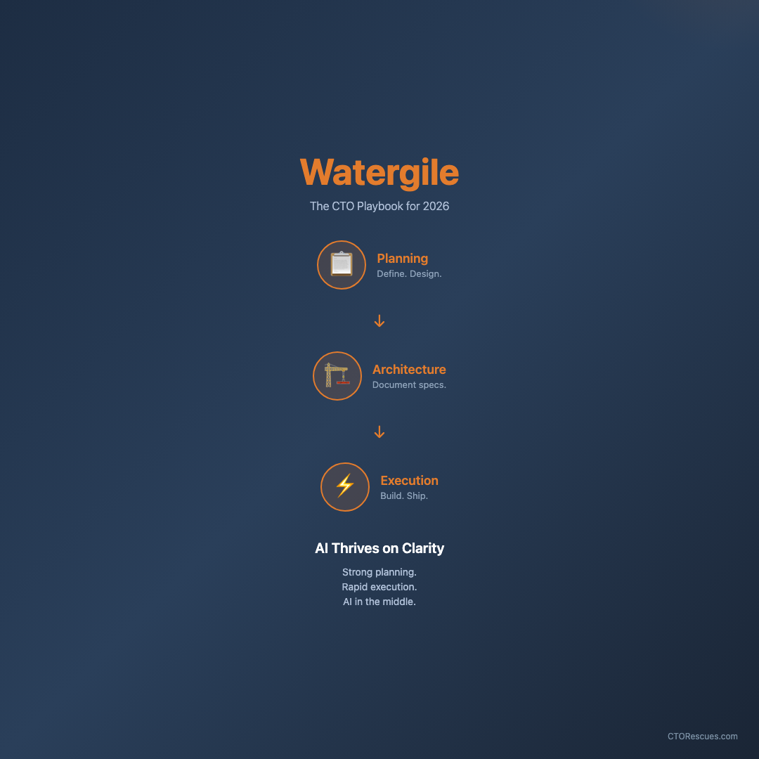 Watergile, the CTO playbook: planning, then architecture, then execution. AI thrives on clarity.